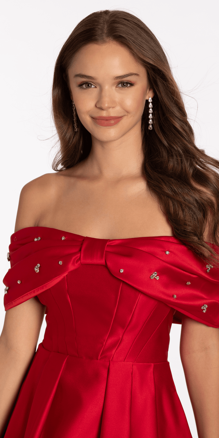 red/size/4/missy/Camille La Vie/Satin Rhinestone Bow Off the Shoulder Skater Dress/close up