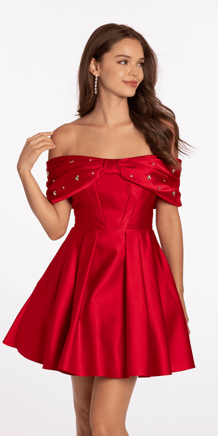 red/size/4/missy/Camille La Vie/Satin Rhinestone Bow Off the Shoulder Skater Dress/front alt