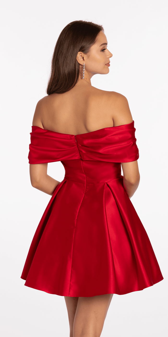 red/size/4/missy/Camille La Vie/Satin Rhinestone Bow Off the Shoulder Skater Dress/back