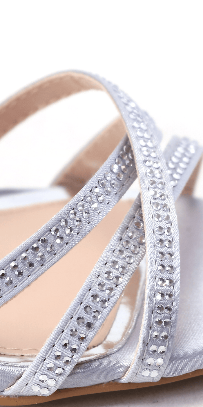 silver/size/6/Camille La Vie/Satin Rhinestone Cris Cross Ankle Strap Square Heel Sandal /close up