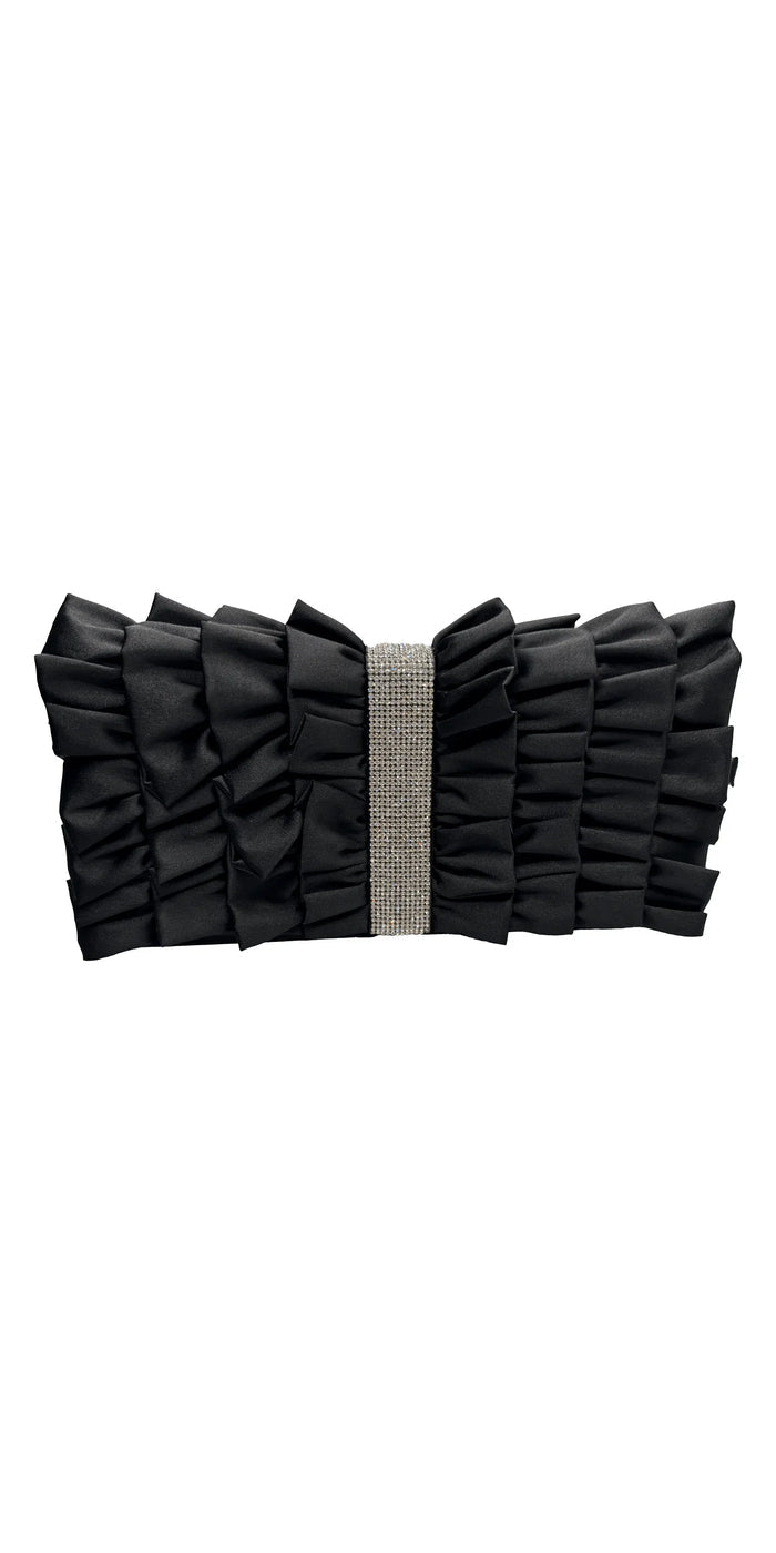 Satin Ruffle Full Flap Handbag with Rhinestone Detail - Camille La Vie