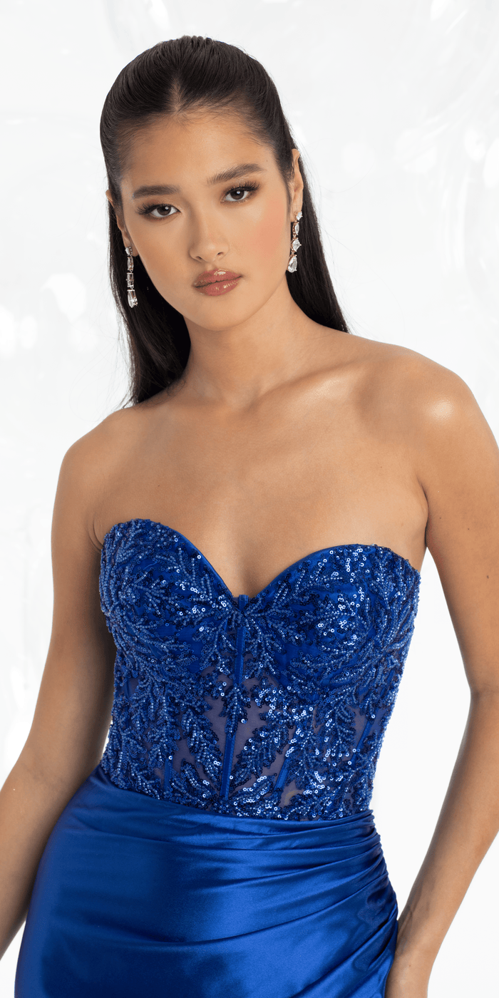 Satin Sequin Strapless Corset Dress with Side Slit - Camille La Vie