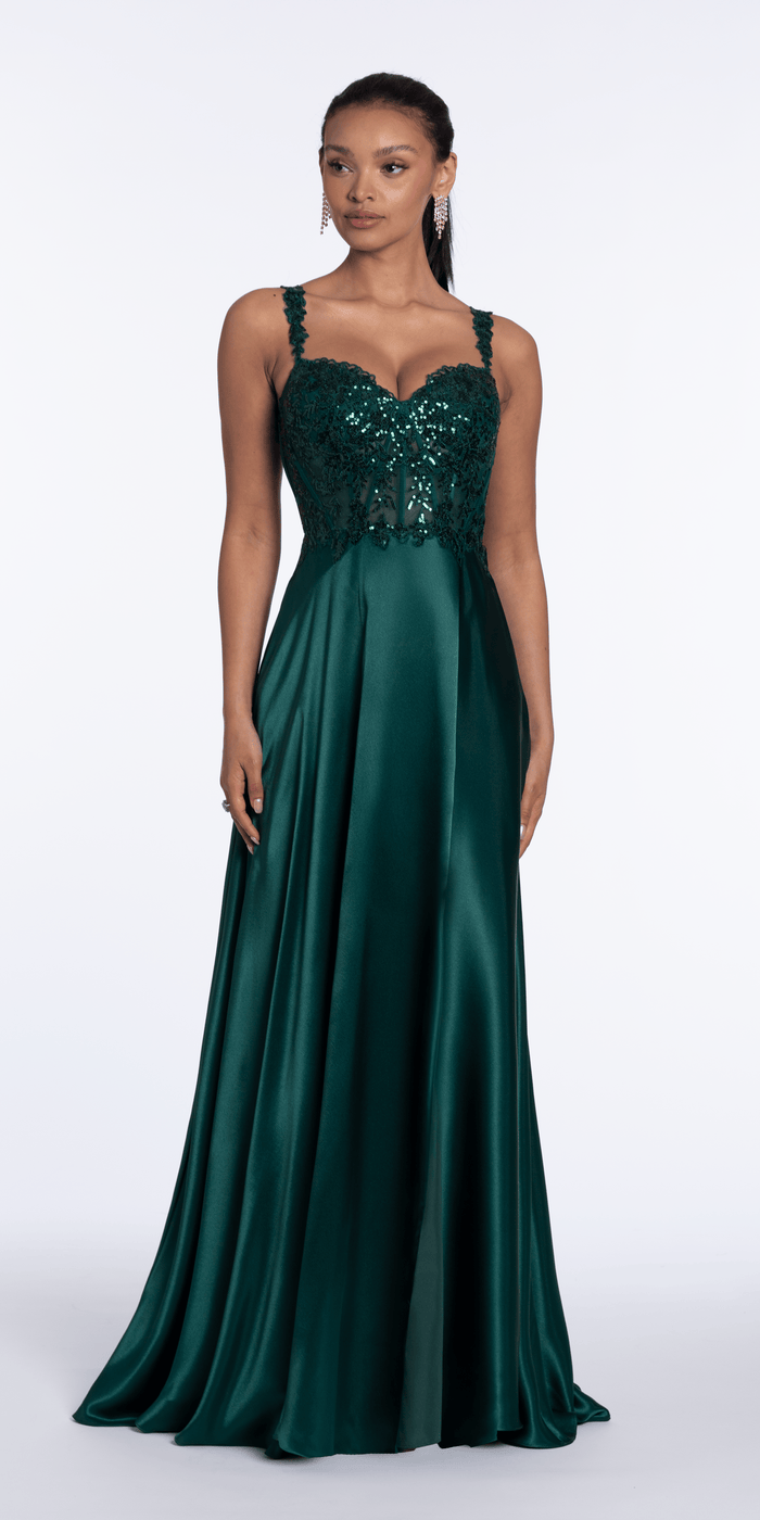 hunter-green/size/4/Camille La Vie/Satin Sequin Sweetheart Corset A Line Dress/front 1
