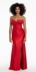 red/size/4/missy/Camille La Vie/Satin Stone Encrusted Strapless Sweetheart Corset Column Dress with Side Ruching /red