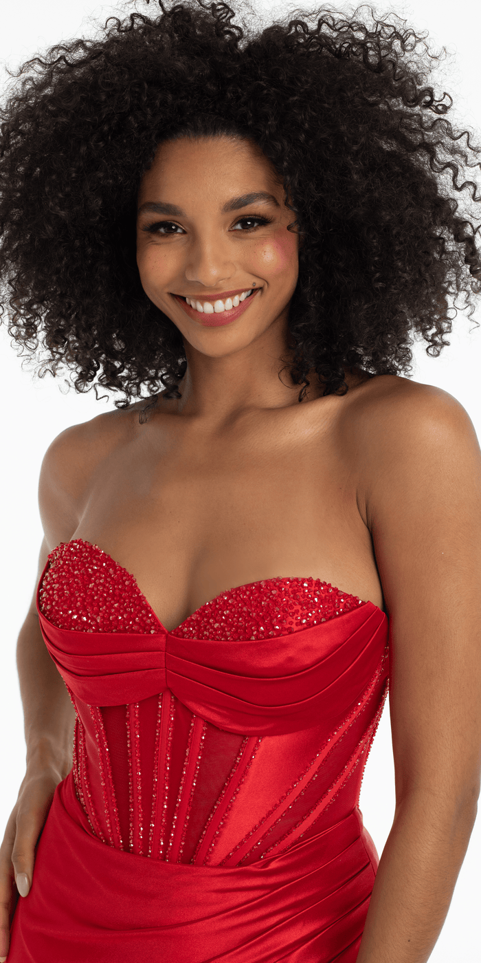 red/size/4/missy/Camille La Vie/Satin Stone Encrusted Strapless Sweetheart Corset Column Dress with Side Ruching /close up