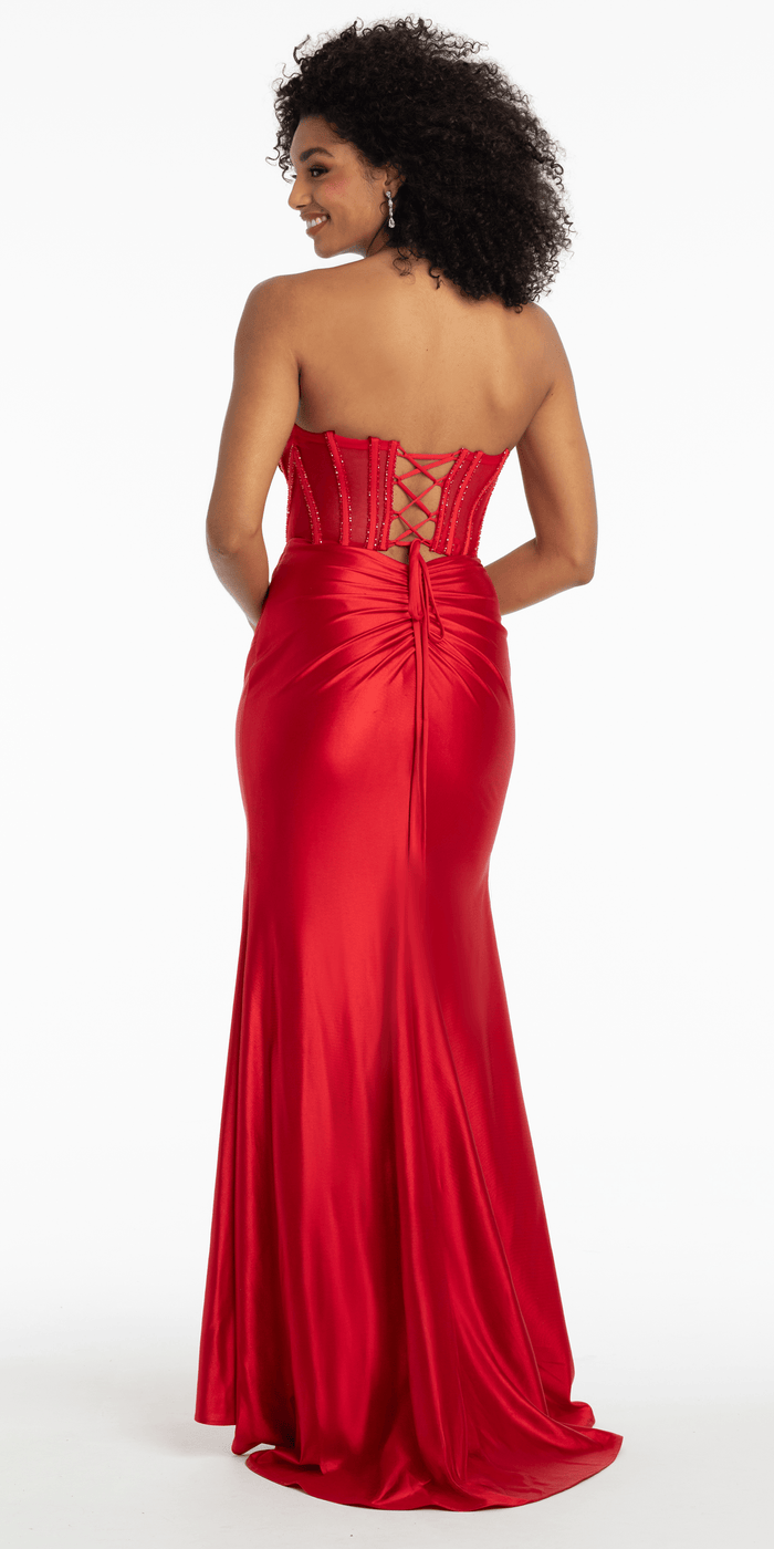 red/size/4/missy/Camille La Vie/Satin Stone Encrusted Strapless Sweetheart Corset Column Dress with Side Ruching /back