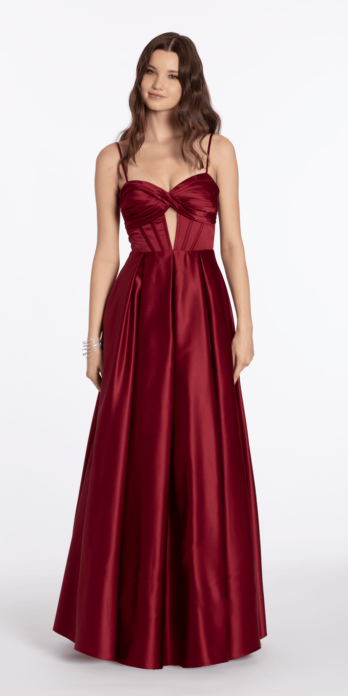 wine/size/4/missy/Camille La Vie/Satin Sweetheart Twist Corset Ballgown with Pockets/front