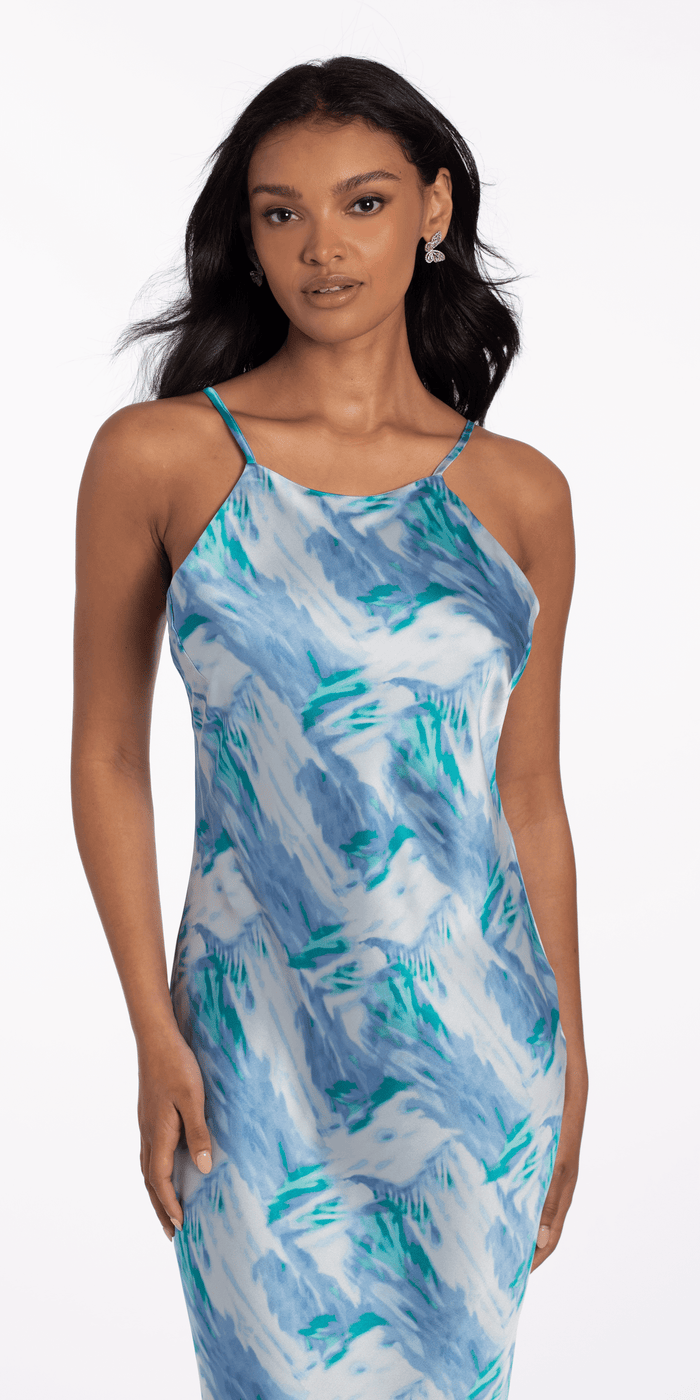 Satin Watercolor Strappy Back Halter Midi Dress - Camille La Vie
