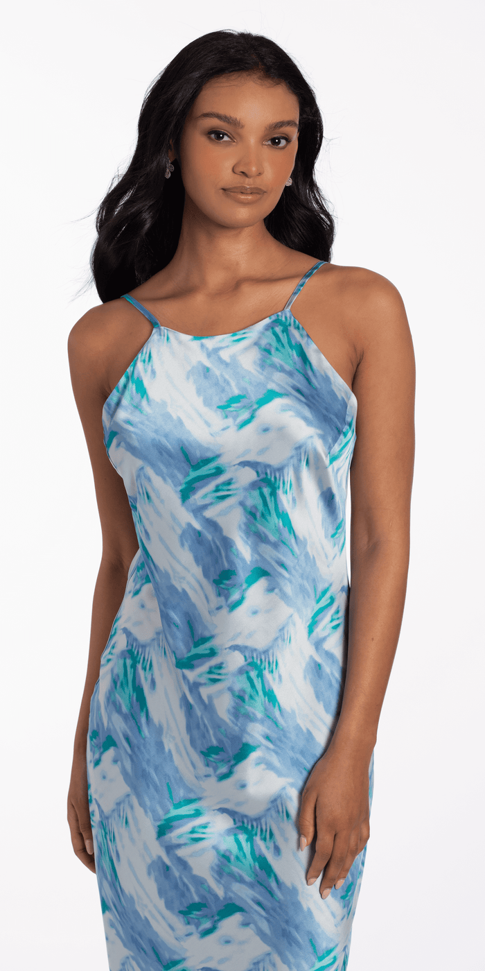 Satin Watercolor Strappy Back Halter Midi Dress - Camille La Vie