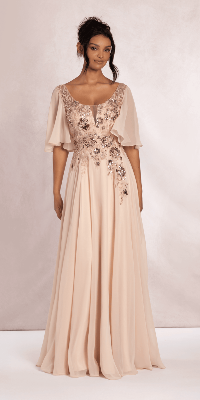 shell/size/4/missy/Camille La Vie/Scoop Neck Chiffon Flutter Sleeve Embroidered A-line Dress/front alt