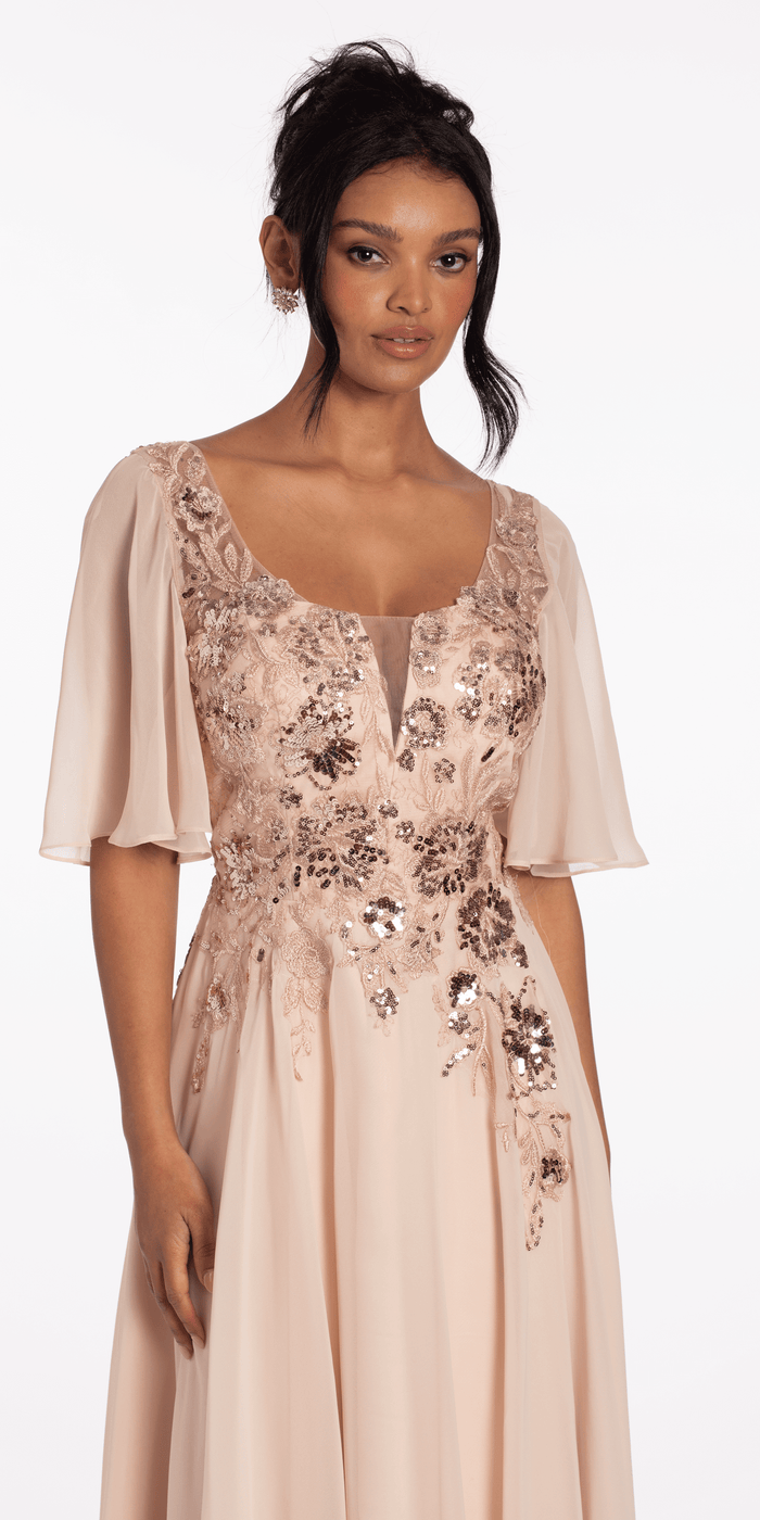 shell/size/4/missy/Camille La Vie/Scoop Neck Chiffon Flutter Sleeve Embroidered A-line Dress/close up