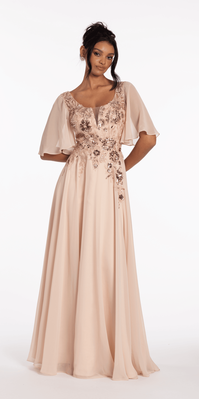 shell/size/4/missy/Camille La Vie/Scoop Neck Chiffon Flutter Sleeve Embroidered A-line Dress/front