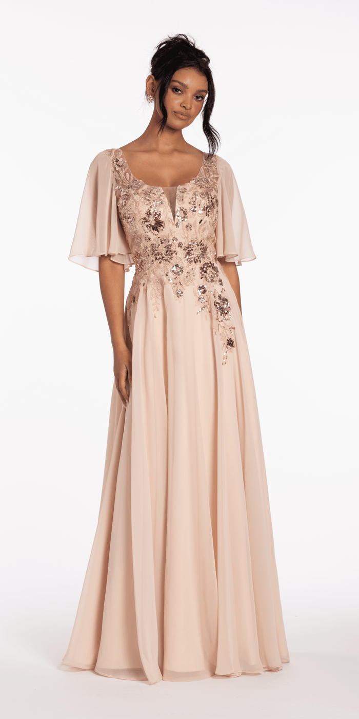 shell/size/4/missy/Camille La Vie/Scoop Neck Chiffon Flutter Sleeve Embroidered A-line Dress/alt 2