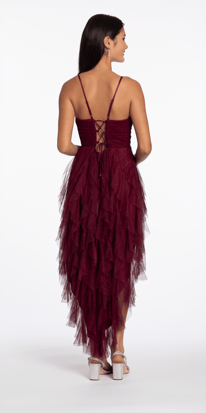 Camille La Vie Scoop Neck Glitter Mesh Lace Up Back High-Low Dress
