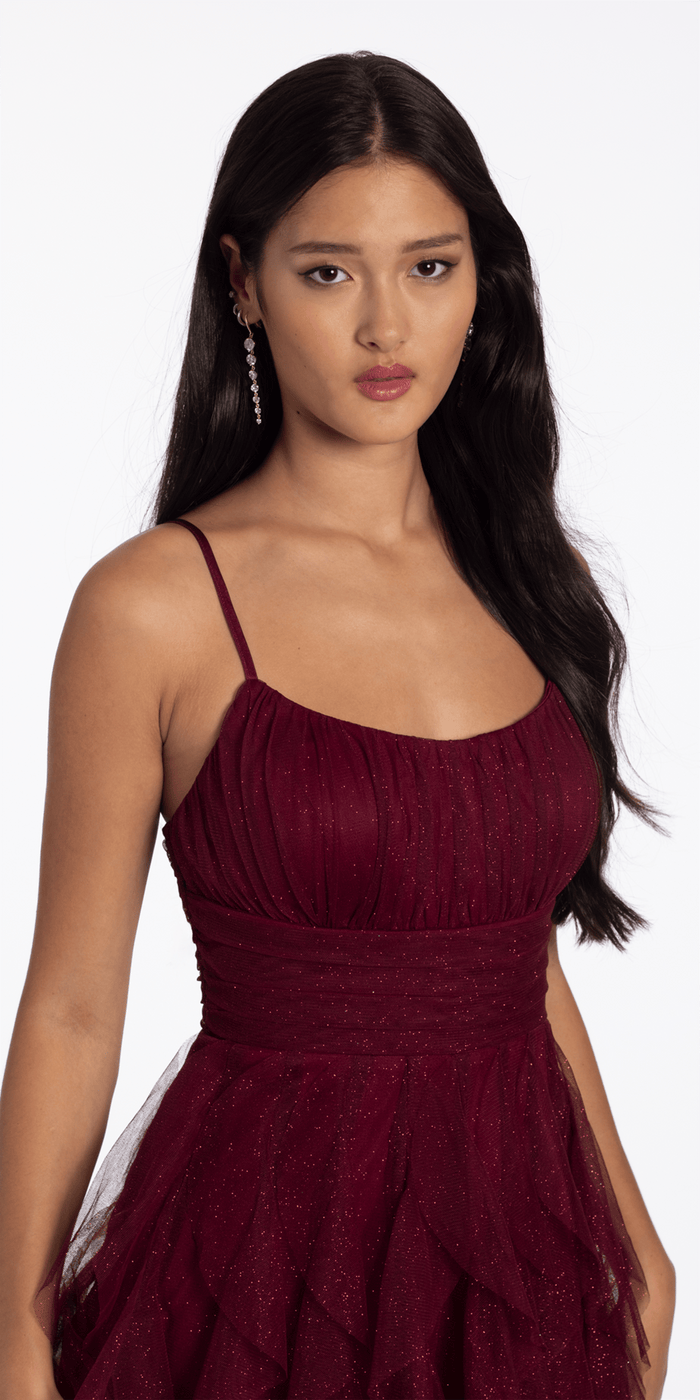 Camille La Vie Scoop Neck Glitter Mesh Lace Up Back High-Low Dress