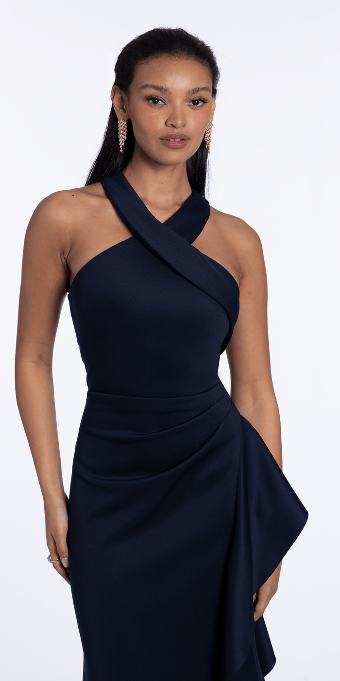 midnight/size/4/missy/ Camille La Vie/Scuba Column Dress with Keyhole Back and Side Ruffle/close up