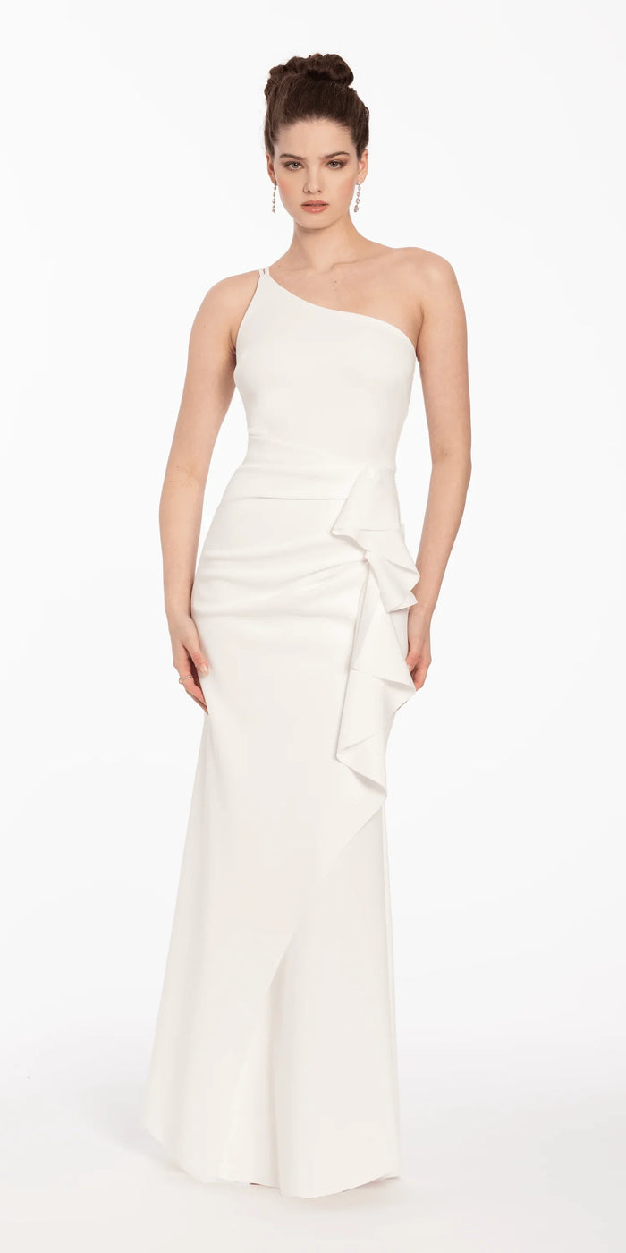ivory/size/4/missy/Camille La Vie/Scuba One Shoulder Column Dress with Side Ruffle/front