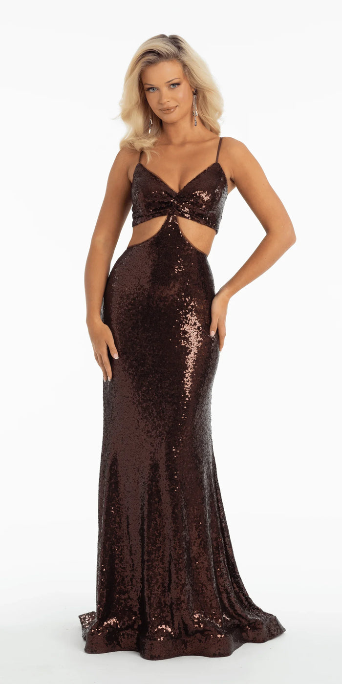 chocolate/size/4/missy/Camille La Vie/Sequin Bikini Top Lace Up Back Trumpet Dress with Sweep Train/front
