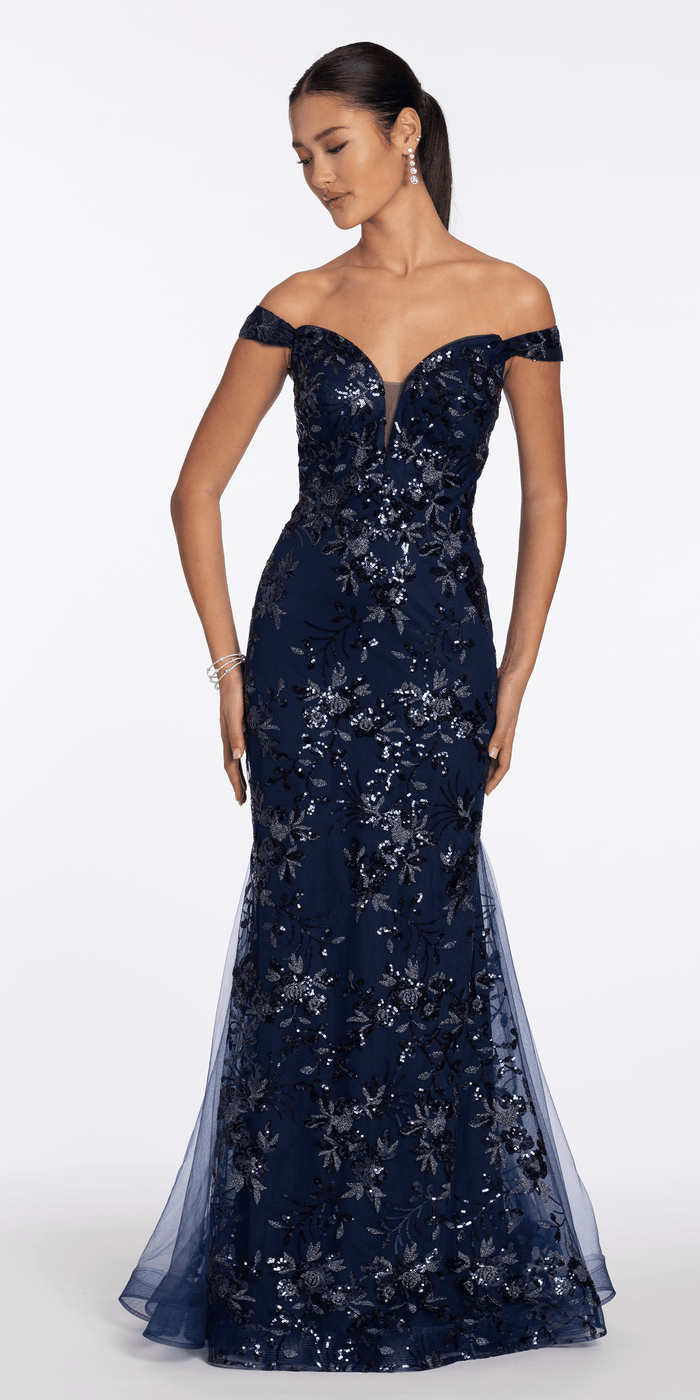 navy/size/4/missy/Camille La Vie/Sequin Embellished Mesh Off the Shoulder Mermaid Dress with Godets /front