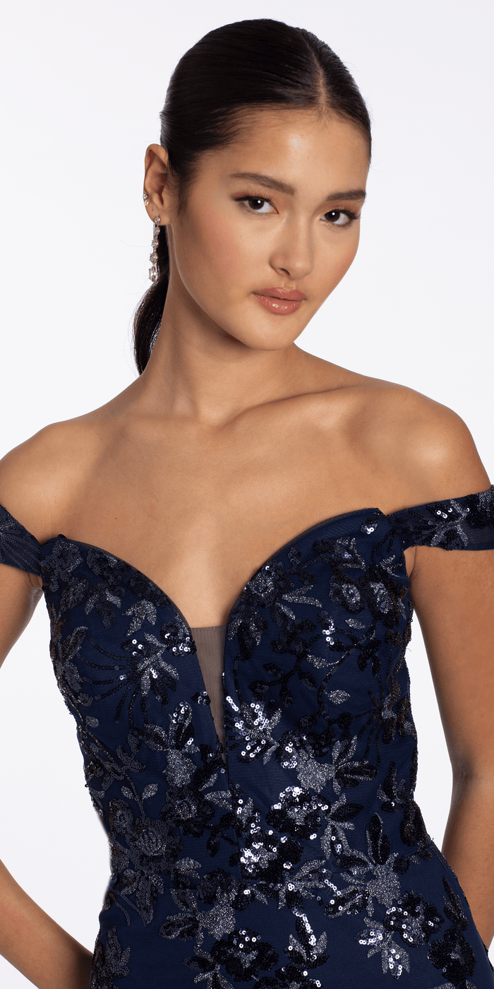 navy/size/4/missy/Camille La Vie/Sequin Embellished Mesh Off the Shoulder Mermaid Dress with Godets /close up Alt
