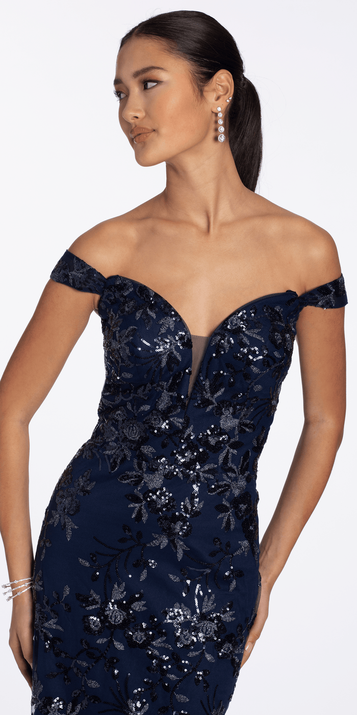 navy/size/4/missy/Camille La Vie/Sequin Embellished Mesh Off the Shoulder Mermaid Dress with Godets /close up