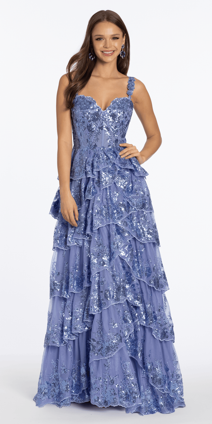 periwinkle/size/4/missy/Camille La Vie/Sequin Embroidered Corset Mesh Tiered Ballgown with Illusion Back/front
