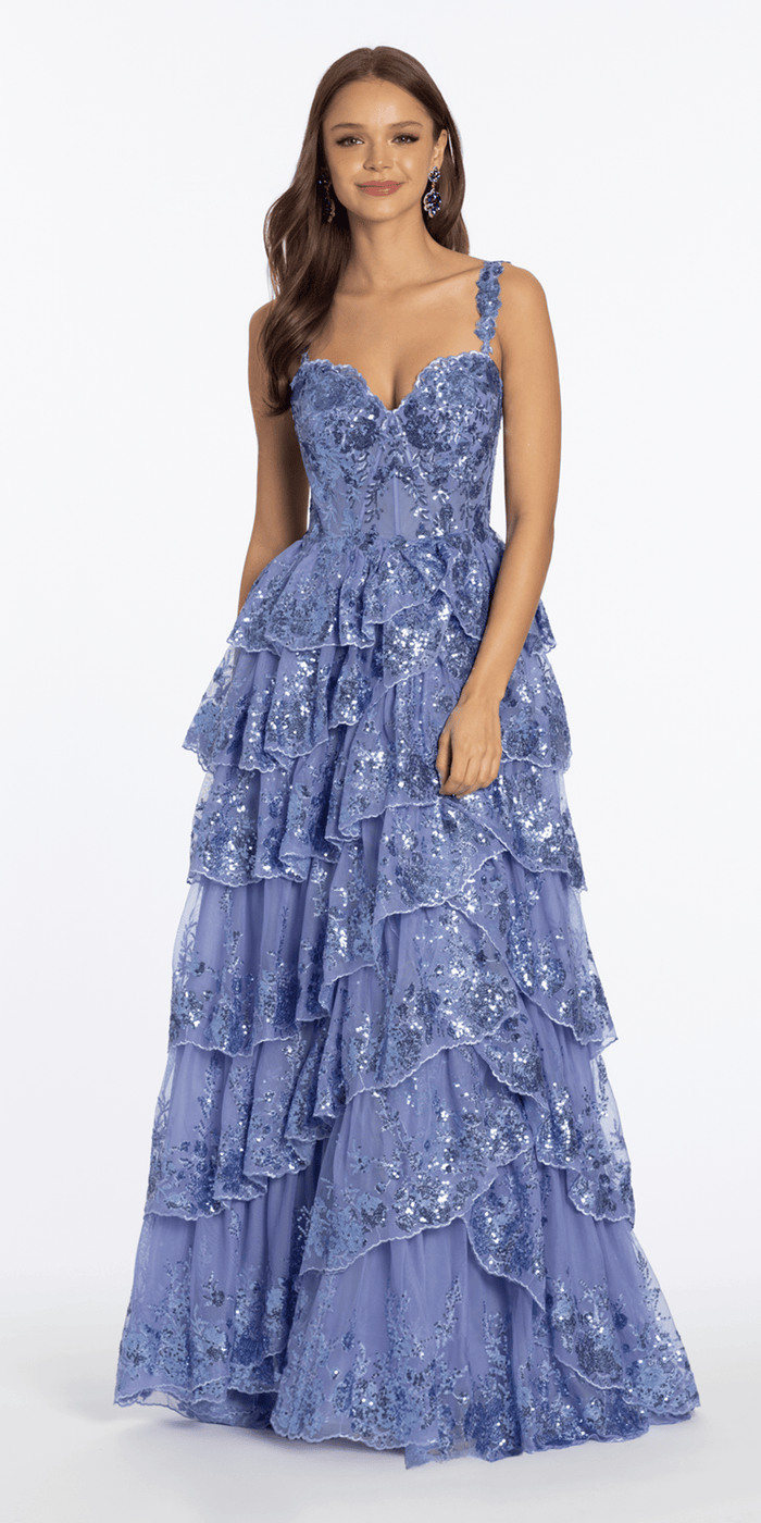 periwinkle/size/4/missy/Camille La Vie/Sequin Embroidered Corset Mesh Tiered Ballgown with Illusion Back/front alt