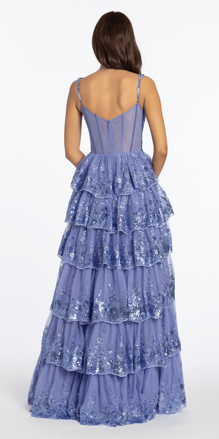 periwinkle/size/4/missy/Camille La Vie/Sequin Embroidered Corset Mesh Tiered Ballgown with Illusion Back/back