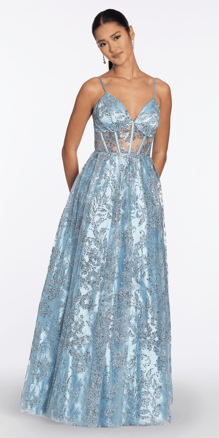 Sequin Glitter Illusion Sweetheart Corset Ballgown - Camille La Vie