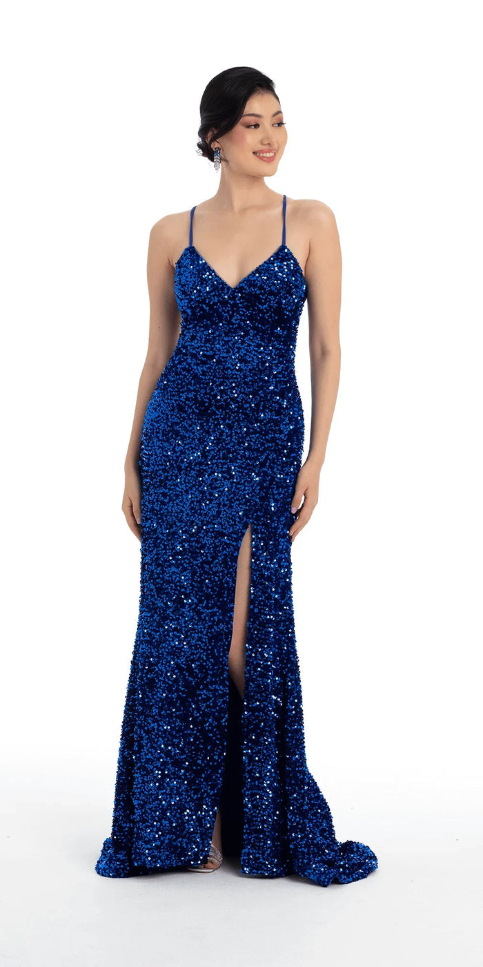 royal-blue/size/4/missy/Camille La Vie/Sequin Lace Up Dress with Side Slit /front