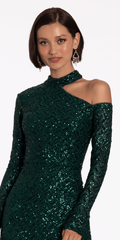 pine/size/4/missy/Camille La Vie/Sequin Long Sleeve One Cold Shoulder Column Dress/close up alt 1