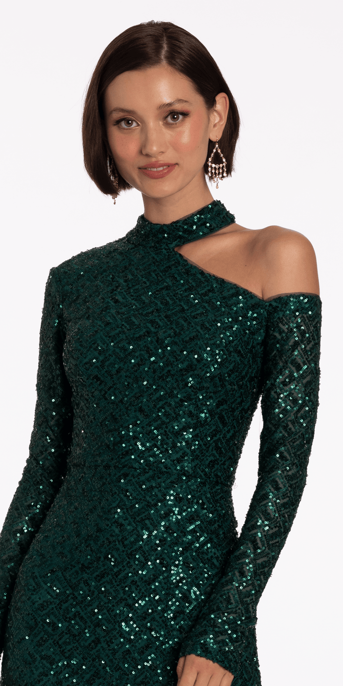 pine/size/4/missy/Camille La Vie/Sequin Long Sleeve One Cold Shoulder Column Dress/close up alt 1