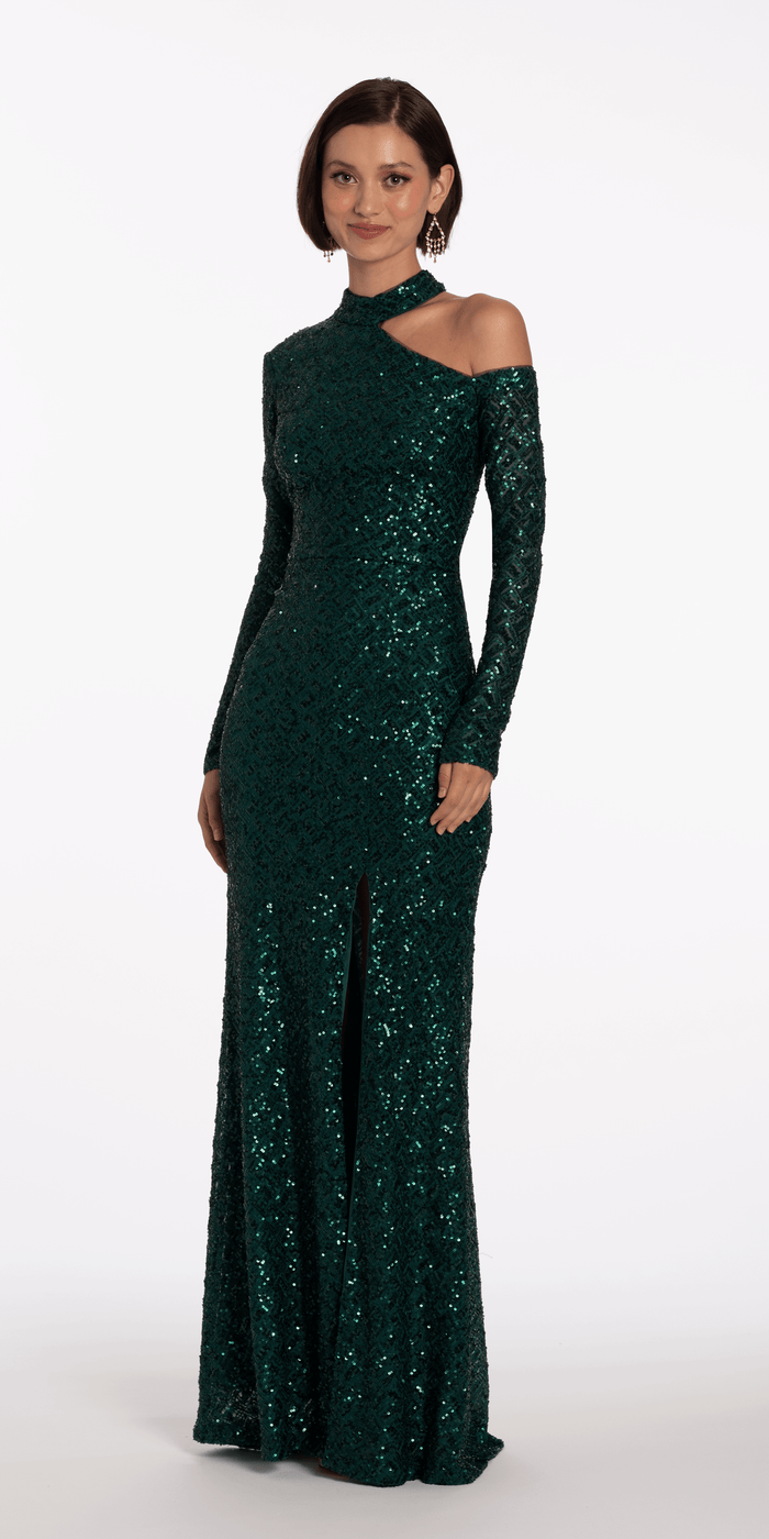pine/size/4/missy/Camille La Vie/Sequin Long Sleeve One Cold Shoulder Column Dress/front alt