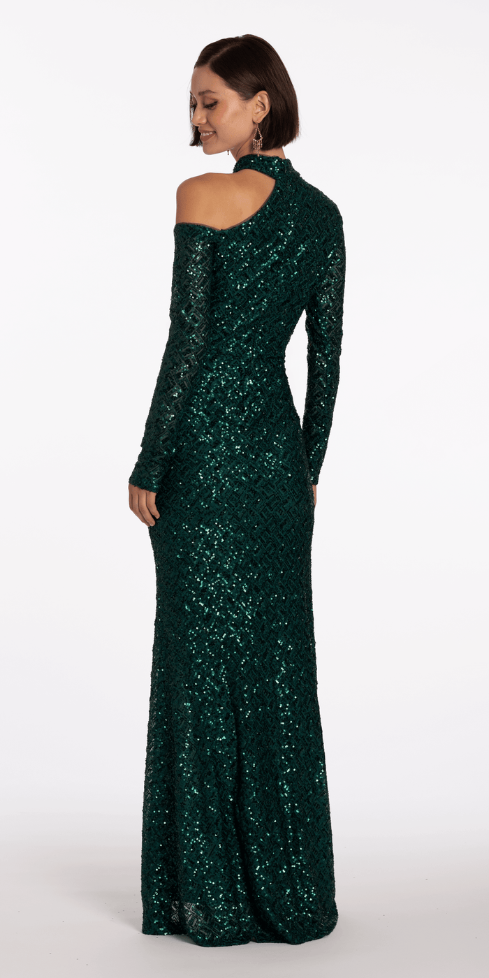 pine/size/4/missy/Camille La Vie/Sequin Long Sleeve One Cold Shoulder Column Dress/back