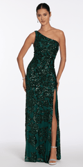 hunter-green/size/6/missy/Camille la Vie/Sequin One Shoulder Lace Up Back Column Dress /front alt