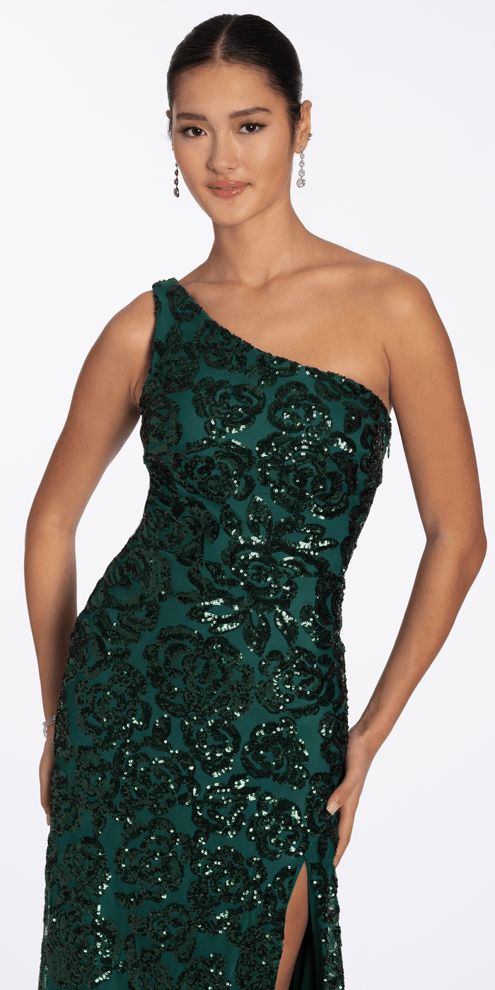hunter-green/size/6/missy/Camille la Vie/Sequin One Shoulder Lace Up Back Column Dress /close up alt