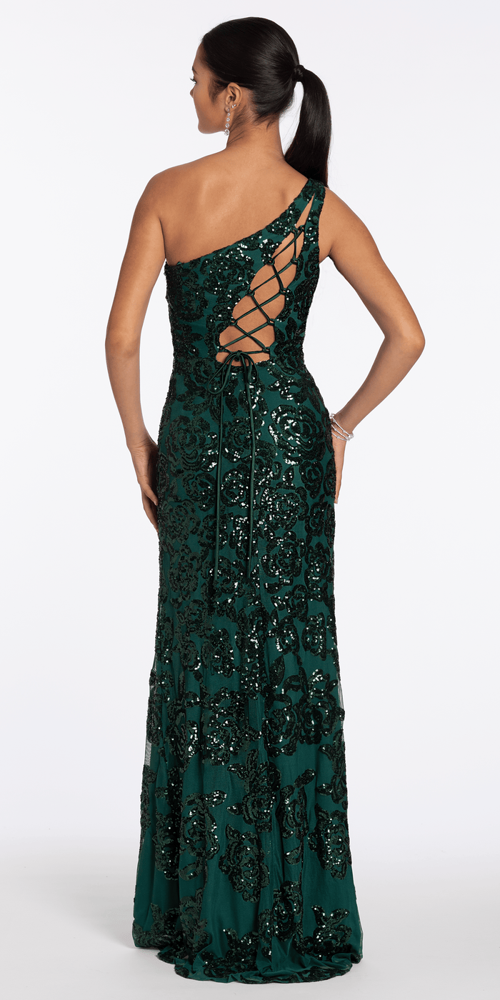hunter-green/size/6/missy/Camille la Vie/Sequin One Shoulder Lace Up Back Column Dress /back