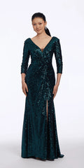 dark-green/size/4/missy/Camille La Vie/Sequin V Back 3/4 Sleeve Column Dress with Ruching/front