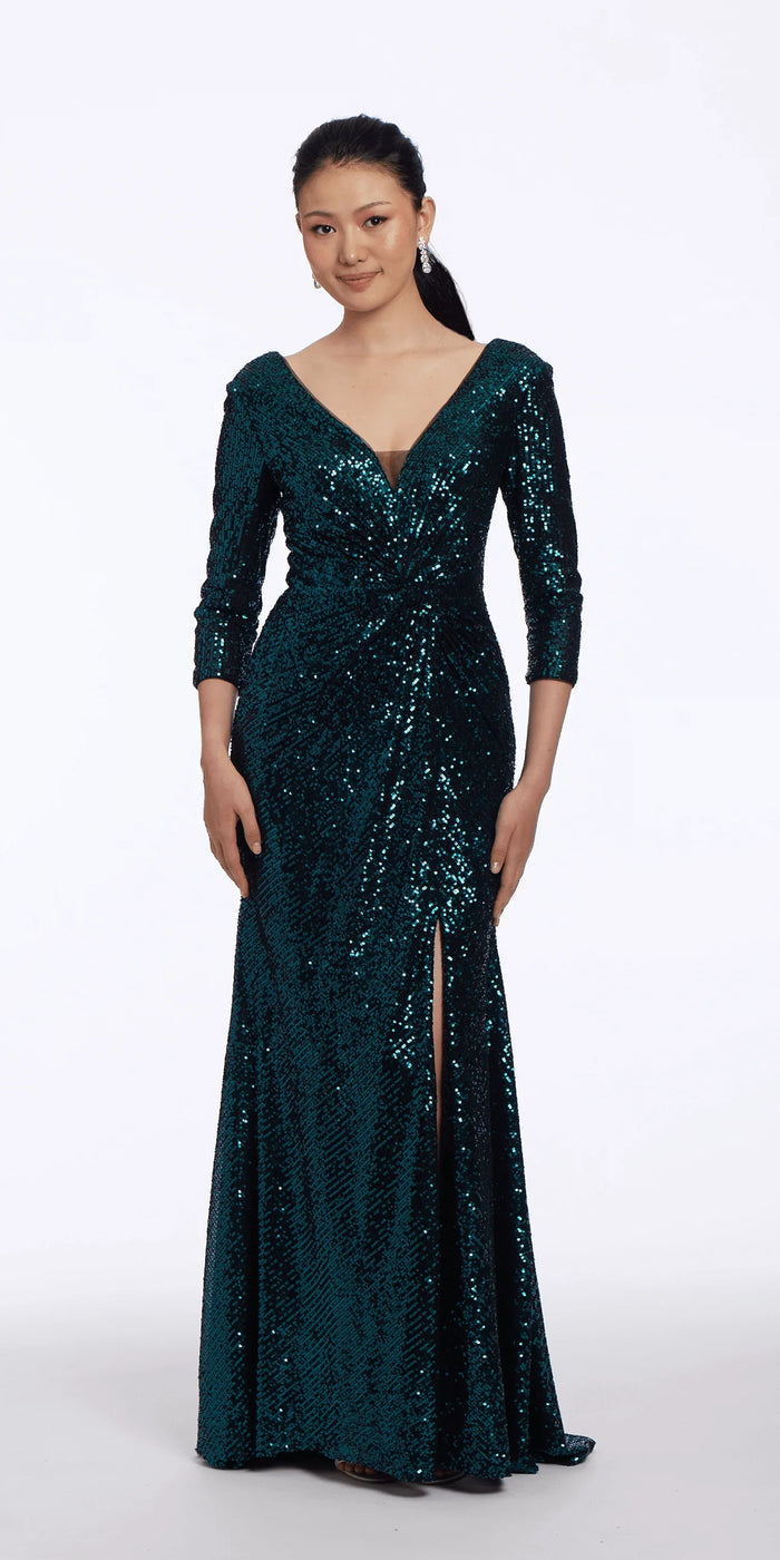 dark-green/size/4/missy/Camille La Vie/Sequin V Back 3/4 Sleeve Column Dress with Ruching/front