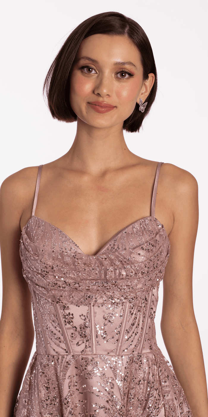 rose/ size/4/missy/Camille La Vie/Sheer Drape Sweetheart Glitter Mesh Corset Pleated Skater Dress/ close up