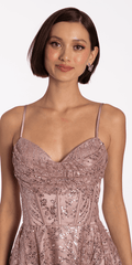 rose/ size/4/missy/Camille La Vie/Sheer Drape Sweetheart Glitter Mesh Corset Pleated Skater Dress/ close up