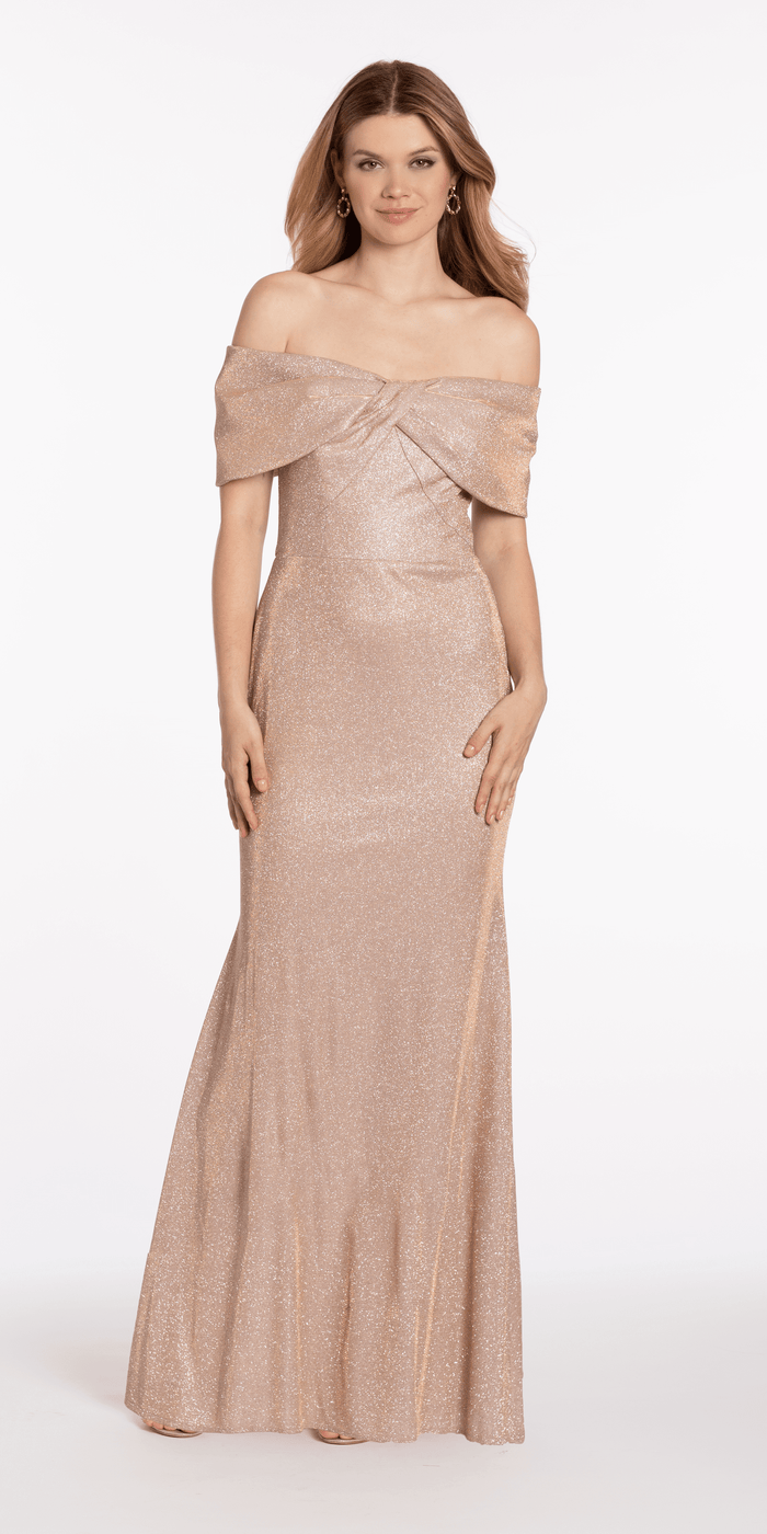 white-gold/size/4/missy/Camille La Vie/Shimmer Two Tone Off the Shoulder Bow Trumpet Dress/front