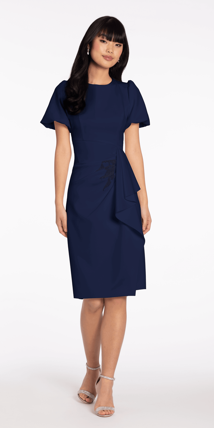 navy/size/4/missy/Camille La Vie/Short Puff Sleeve Scuba Midi Dress with Side Cascade/front