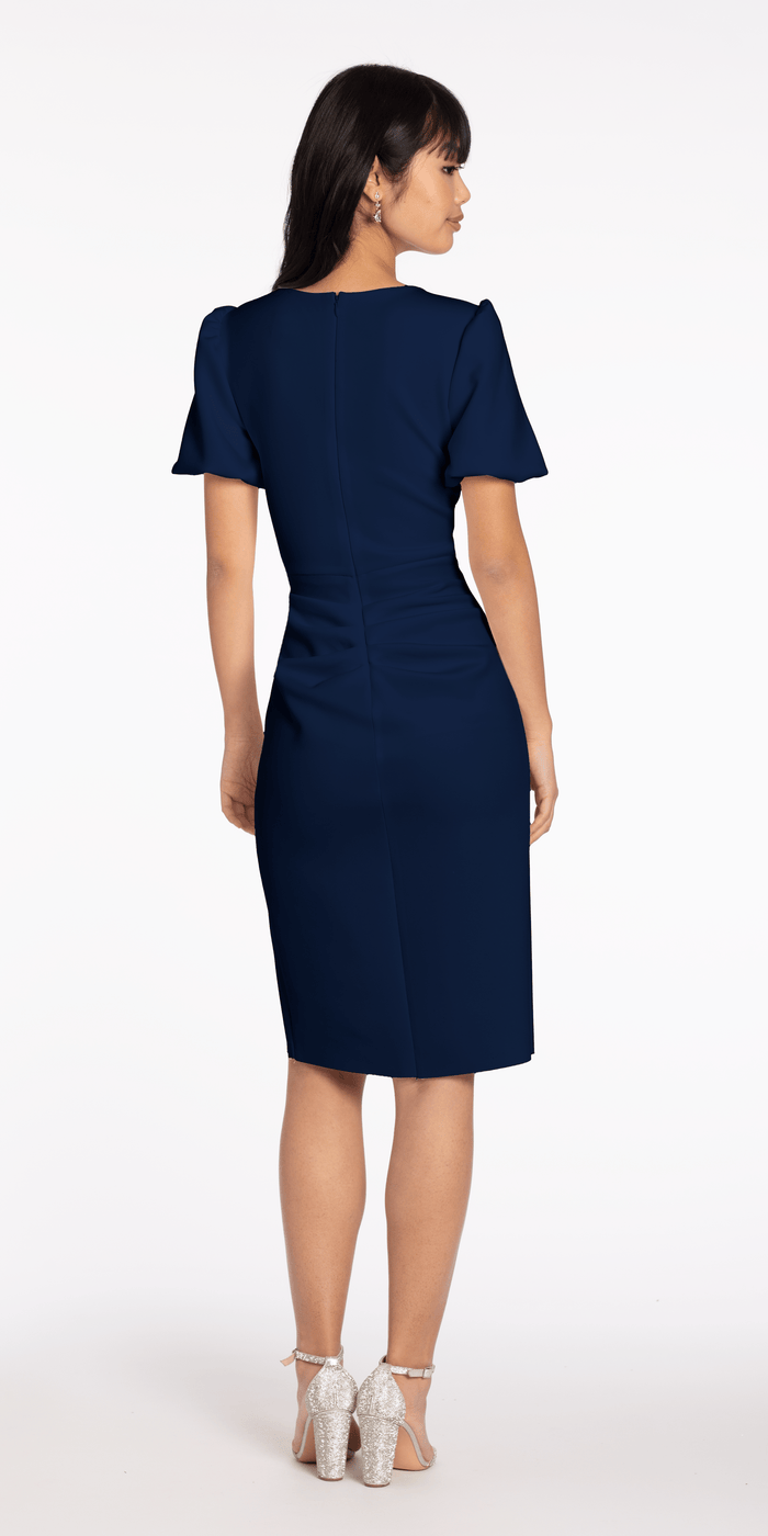 navy/size/4/missy/Camille La Vie/Short Puff Sleeve Scuba Midi Dress with Side Cascade/back