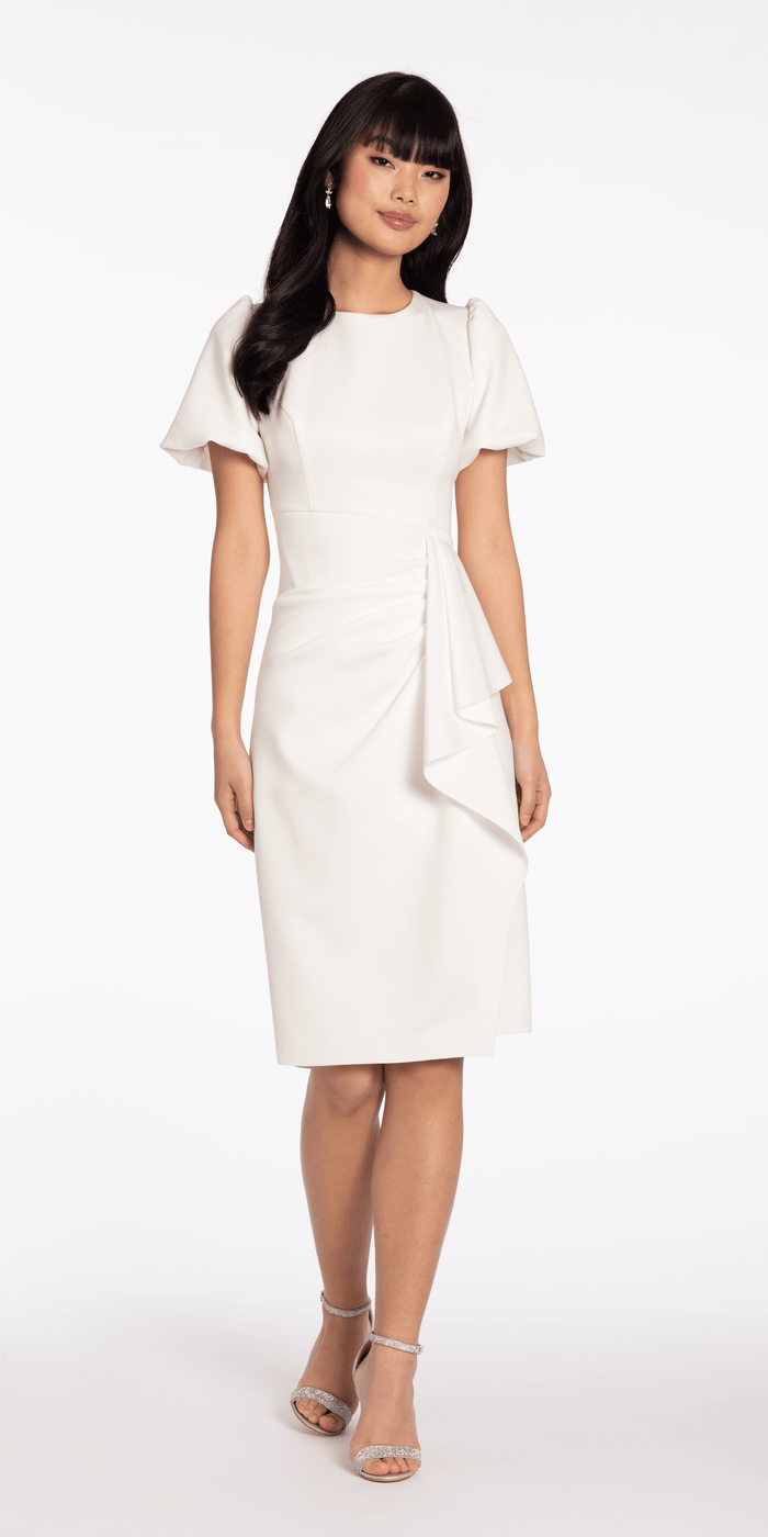 Ivory/size/4/missy/Camille La Vie/Short Puff Sleeve Scuba Midi Dress with Side Cascade/front alt