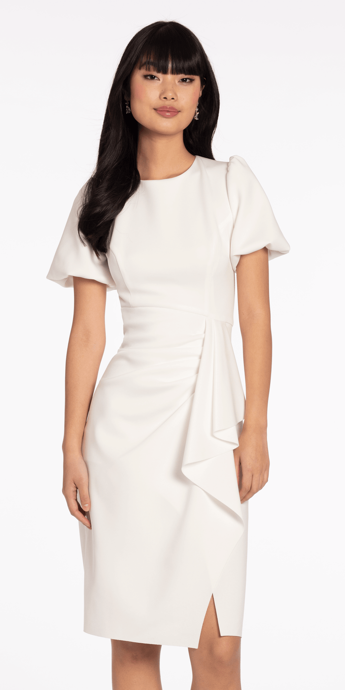 Ivory/size/4/missy/Camille La Vie/Short Puff Sleeve Scuba Midi Dress with Side Cascade/front