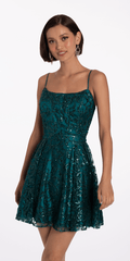 teal/size/4/Camille La Vie/Square Neck Glitter Mesh Corset Skater Dress/front