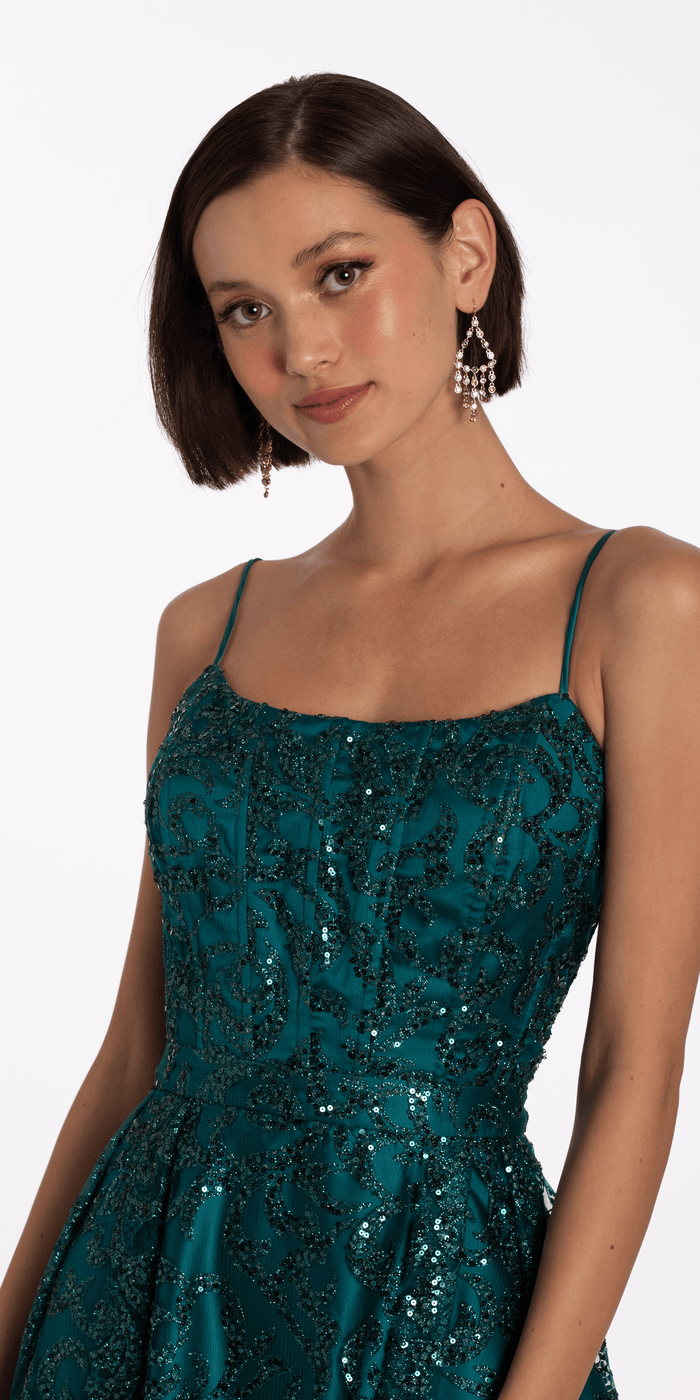 teal/size/4/Camille La Vie/Square Neck Glitter Mesh Corset Skater Dress/close up alt