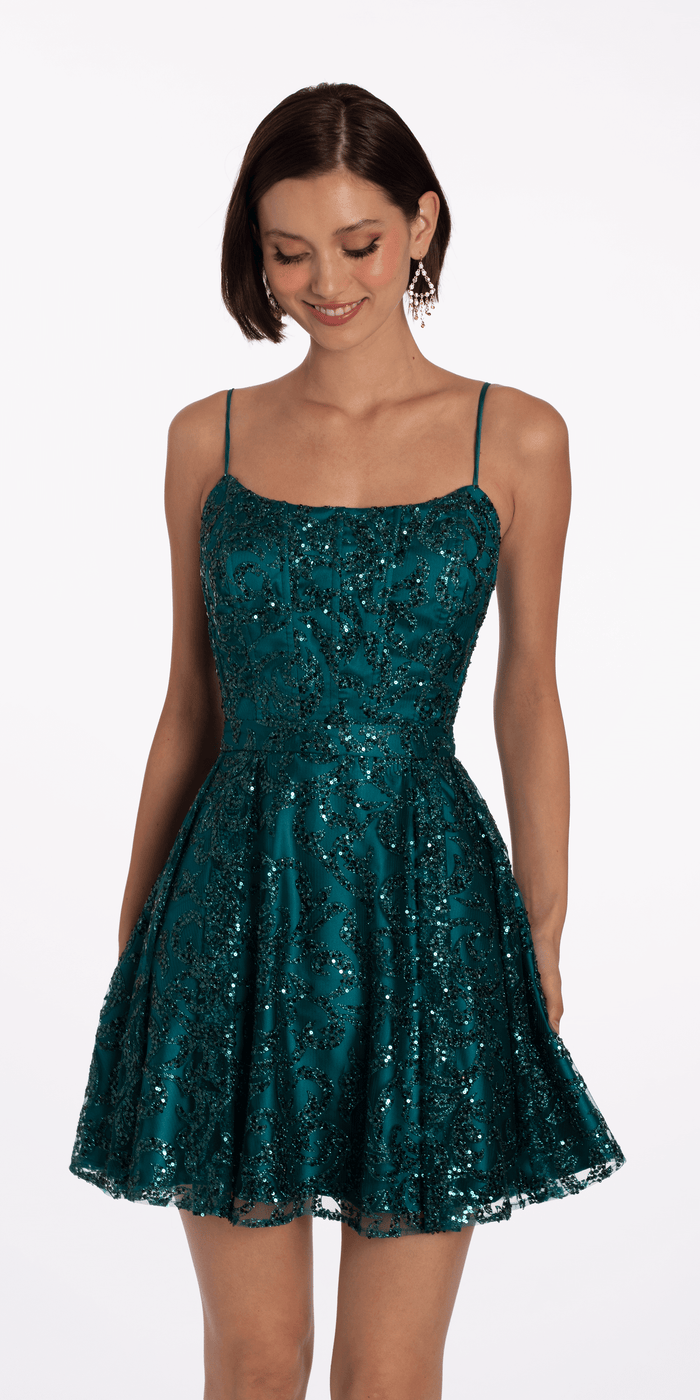 teal/size/4/Camille La Vie/Square Neck Glitter Mesh Corset Skater Dress/front alt
