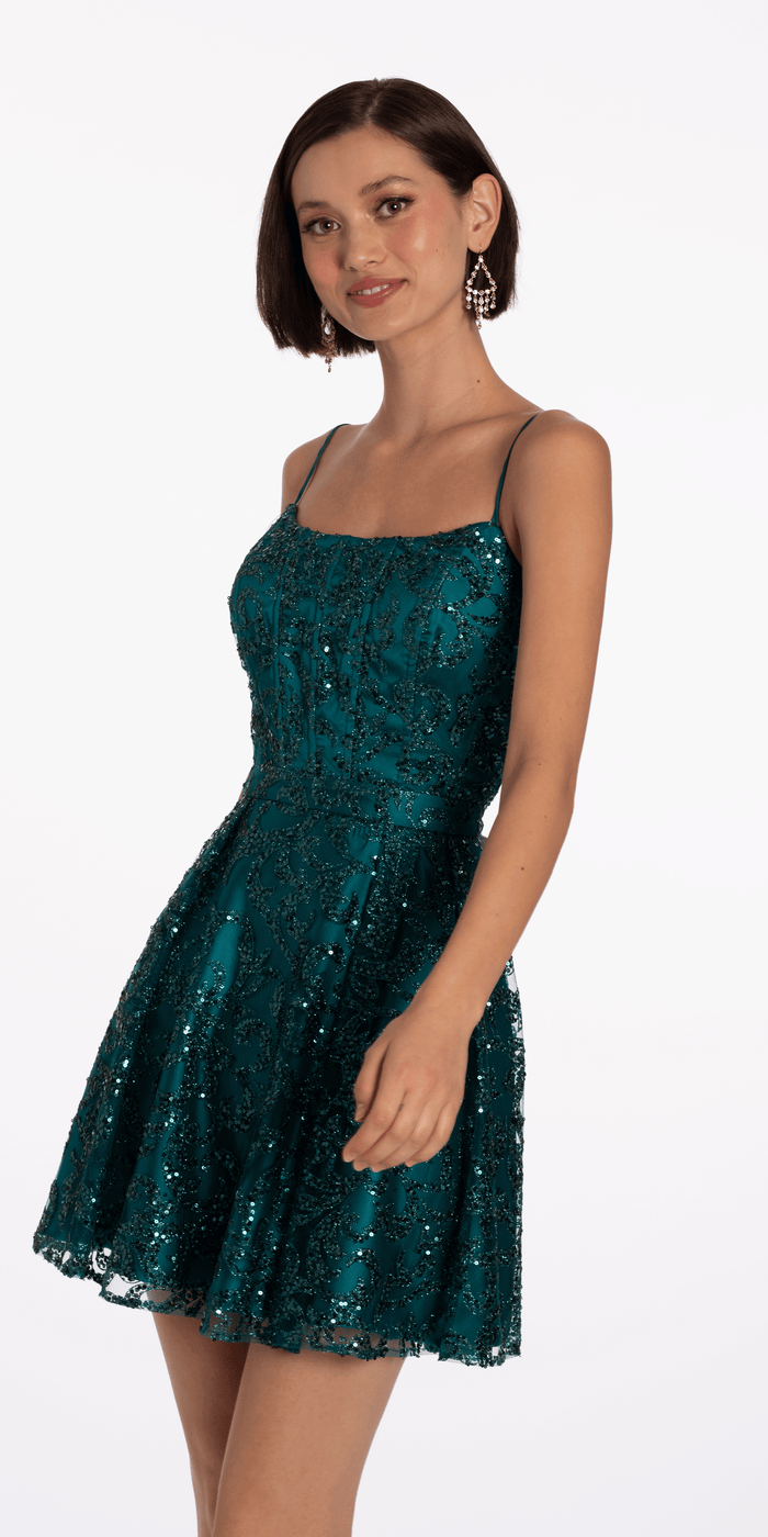 teal/size/4/Camille La Vie/Square Neck Glitter Mesh Corset Skater Dress/front alt 2